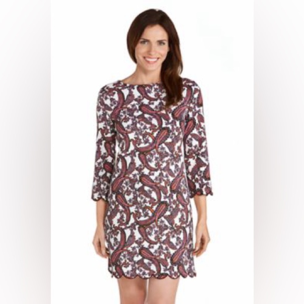 Coolibar Red Paisley Women’s Tunic Dress Scalloped Edges Size Medium UPF 50+